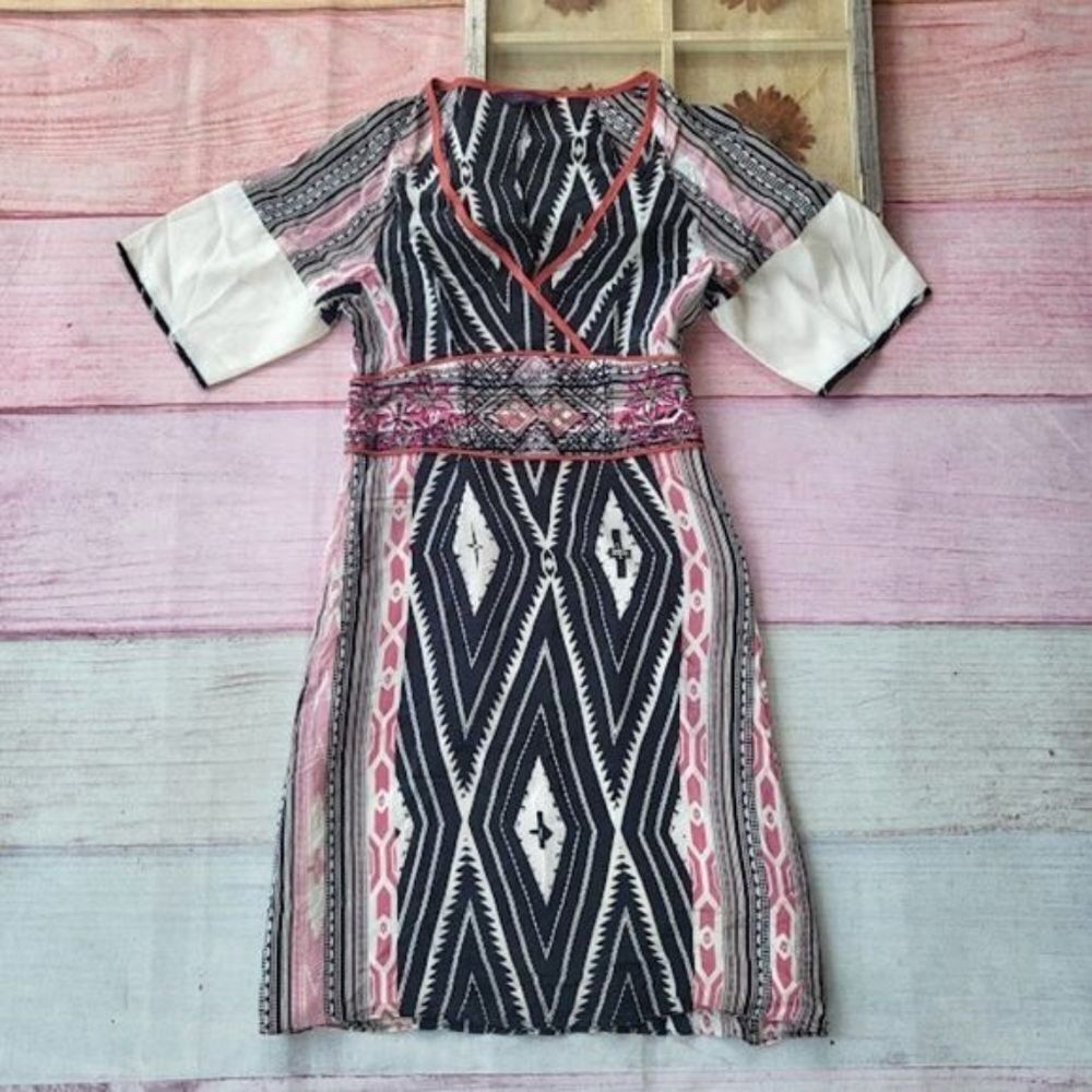 Etro Black/White‎ Diamond Geometric Embroidered Silk Kimono Sleeve Mini Dress XS